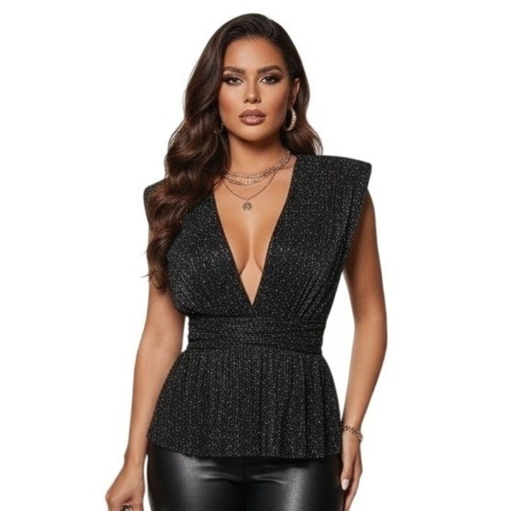 Elan Peplum Top Womens Small Black Shimmer Deep V-Neck Padded Shoulder